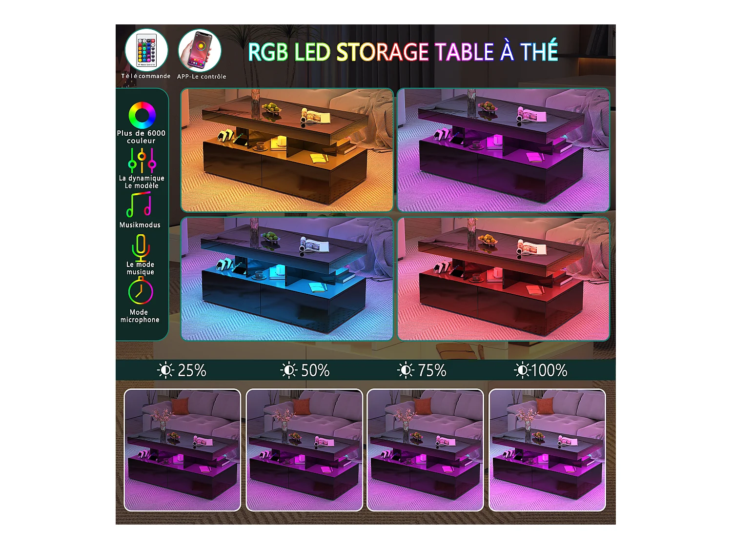 Moderner LED-Couchtisch, glänzend, mit Stauraum, 2 Schubladen, 104x54x46 cm, Schwarz