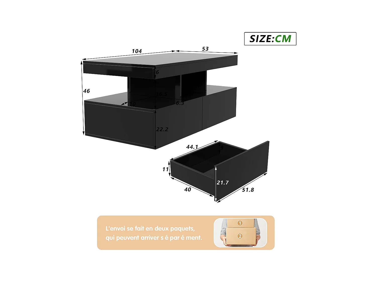 Moderner LED-Couchtisch, glänzend, mit Stauraum, 2 Schubladen, 104x54x46 cm, Schwarz