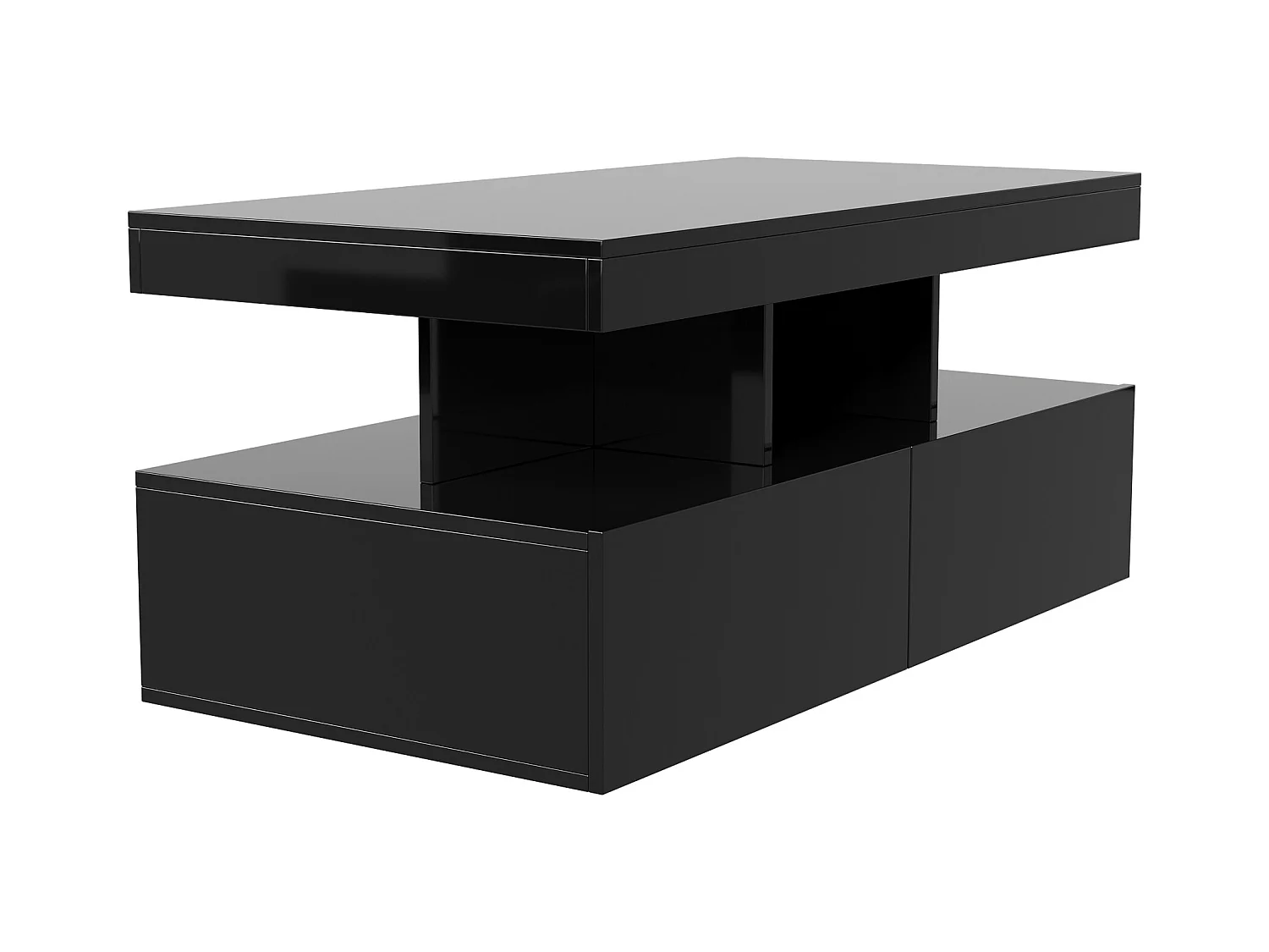 Moderner LED-Couchtisch, glänzend, mit Stauraum, 2 Schubladen, 104x54x46 cm, Schwarz
