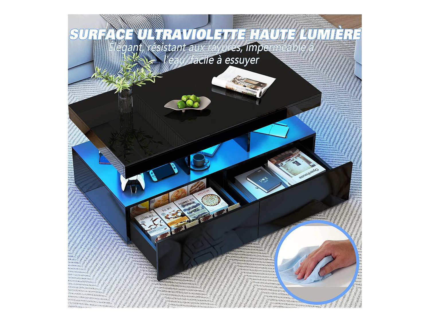 Moderner LED-Couchtisch, glänzend, mit Stauraum, 2 Schubladen, 104x54x46 cm, Schwarz