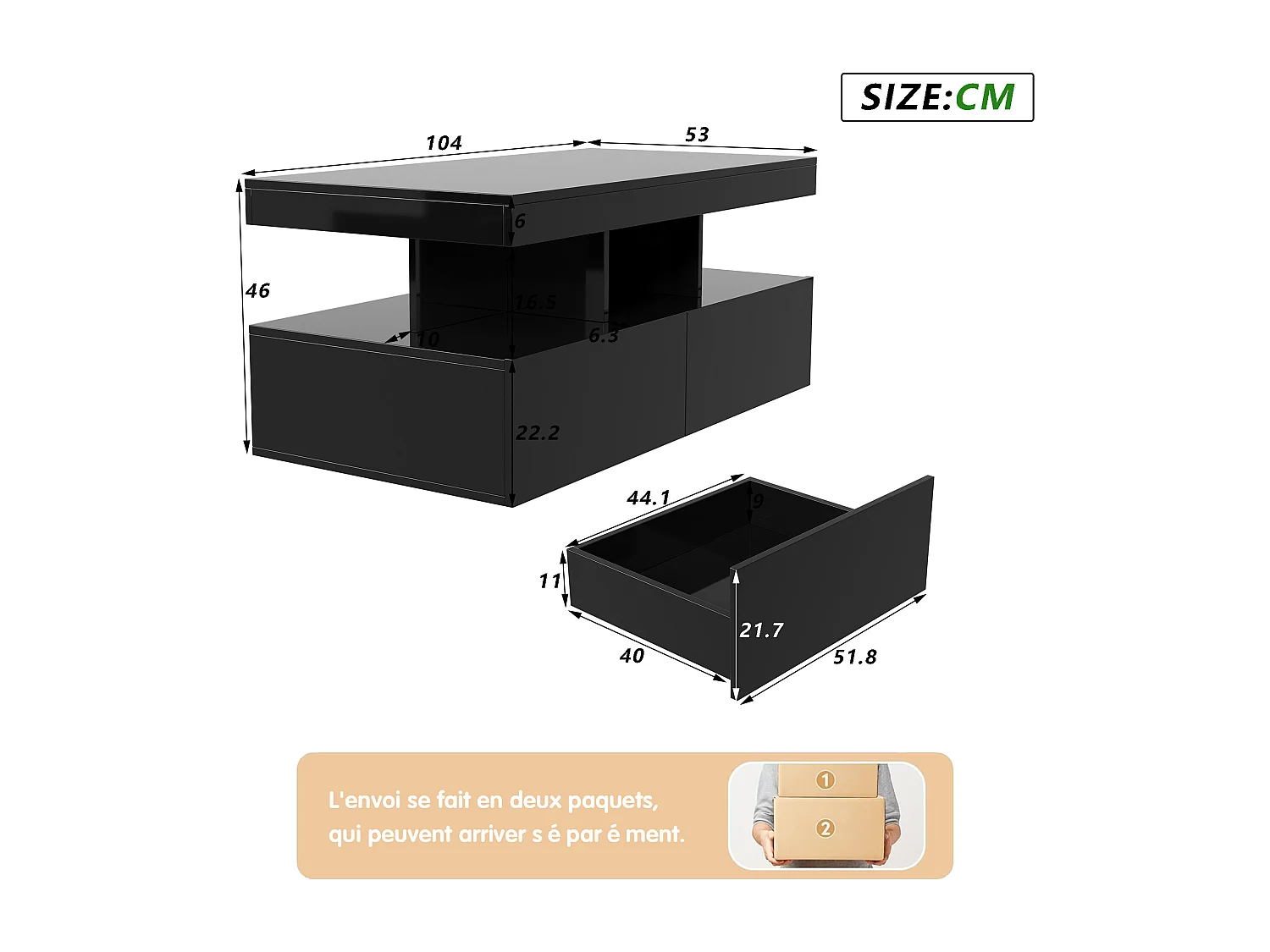 Moderner LED-Couchtisch, glänzend, mit Stauraum, 2 Schubladen, 104x54x46 cm, Schwarz