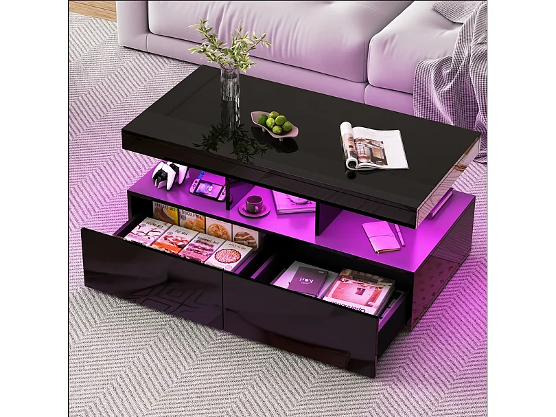 Table basse LED moderne, brillante, avec rangement, 2 tiroirs, 104x54x46 cm, Noir