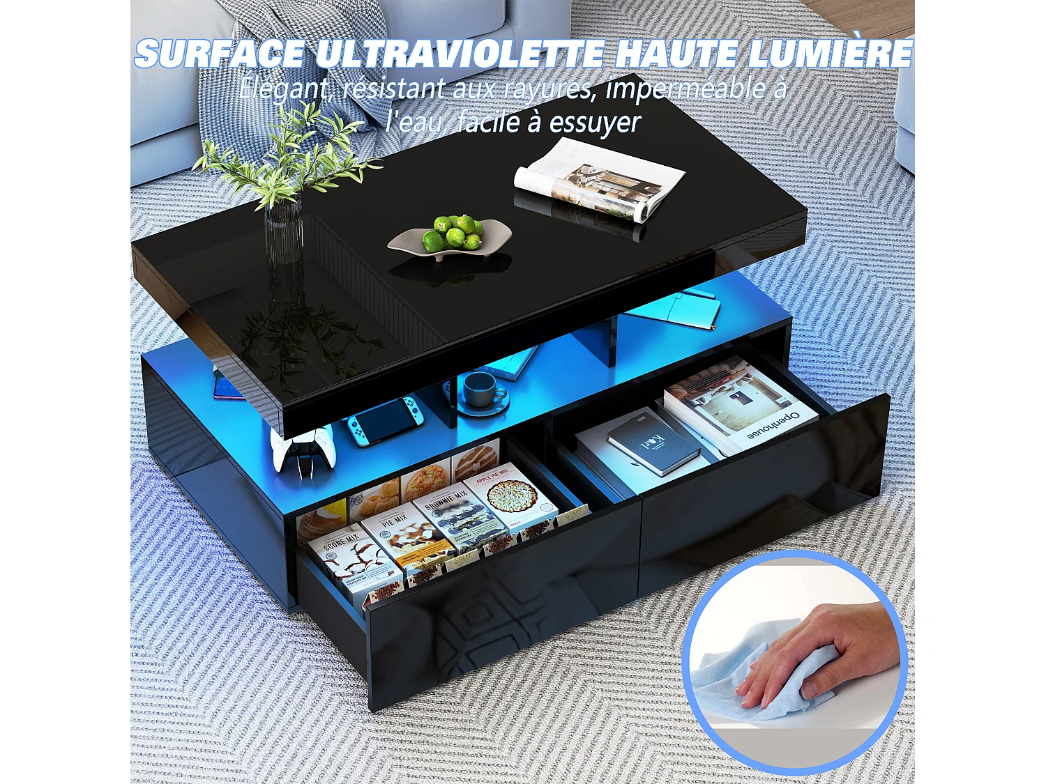 Table basse LED moderne, brillante, avec rangement, 2 tiroirs, 104x54x46 cm, Noir