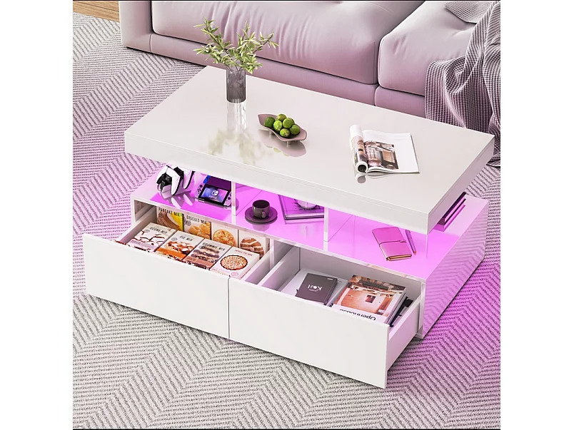 Table basse LED moderne, brillante, avec rangement, 2 tiroirs, 104x54x46 cm, Blanc
