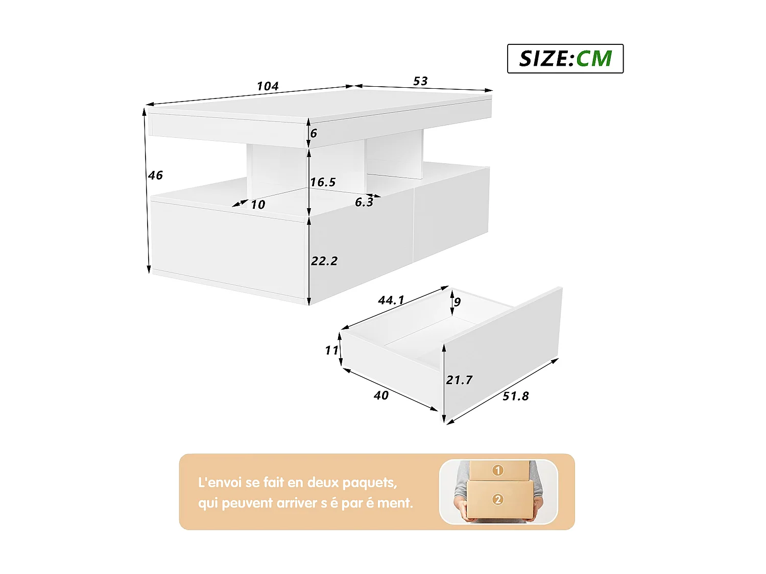 Table basse LED moderne, brillante, avec rangement, 2 tiroirs, 104x54x46 cm, Blanc