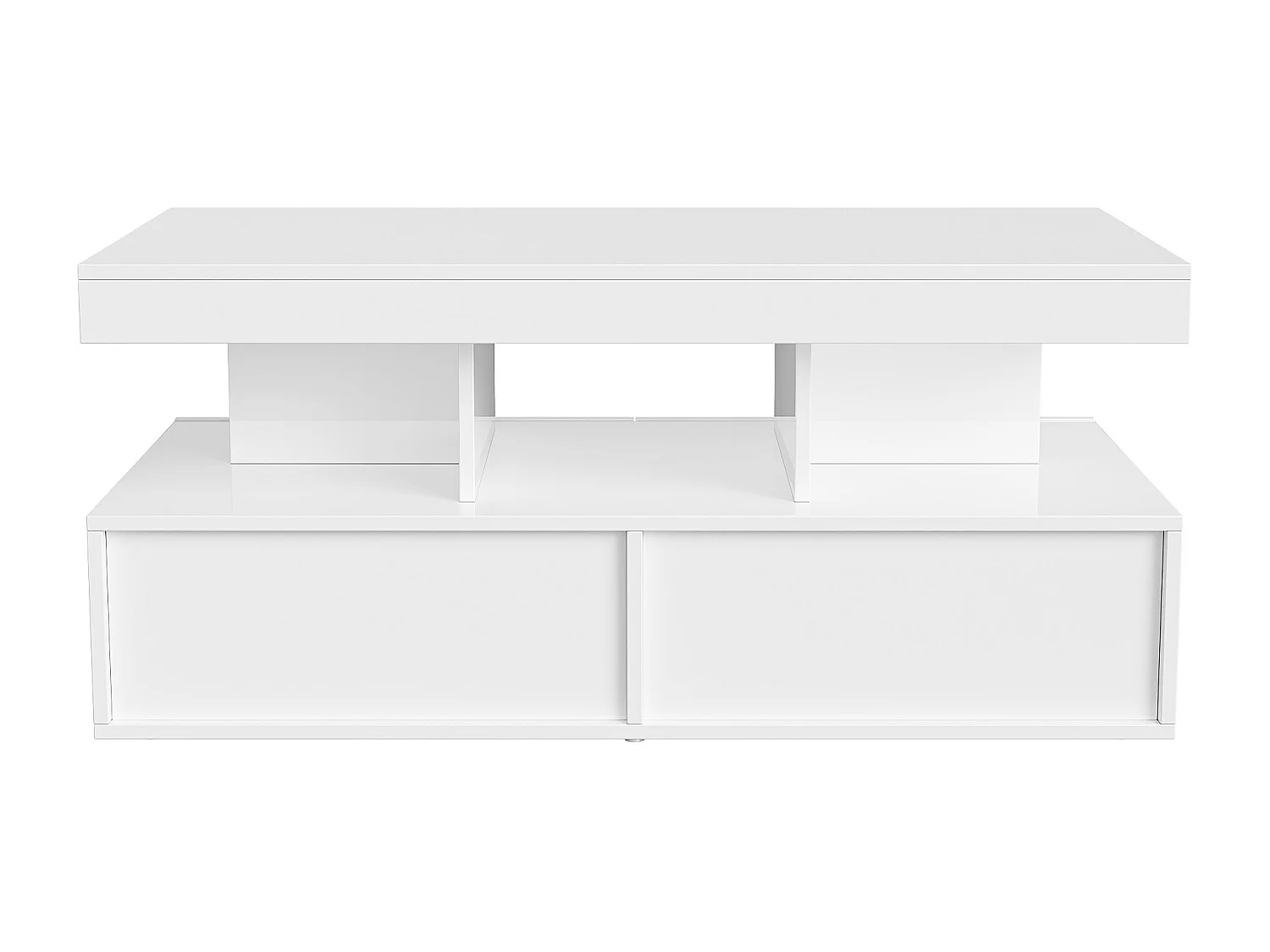 Table basse LED moderne, brillante, avec rangement, 2 tiroirs, 104x54x46 cm, Blanc