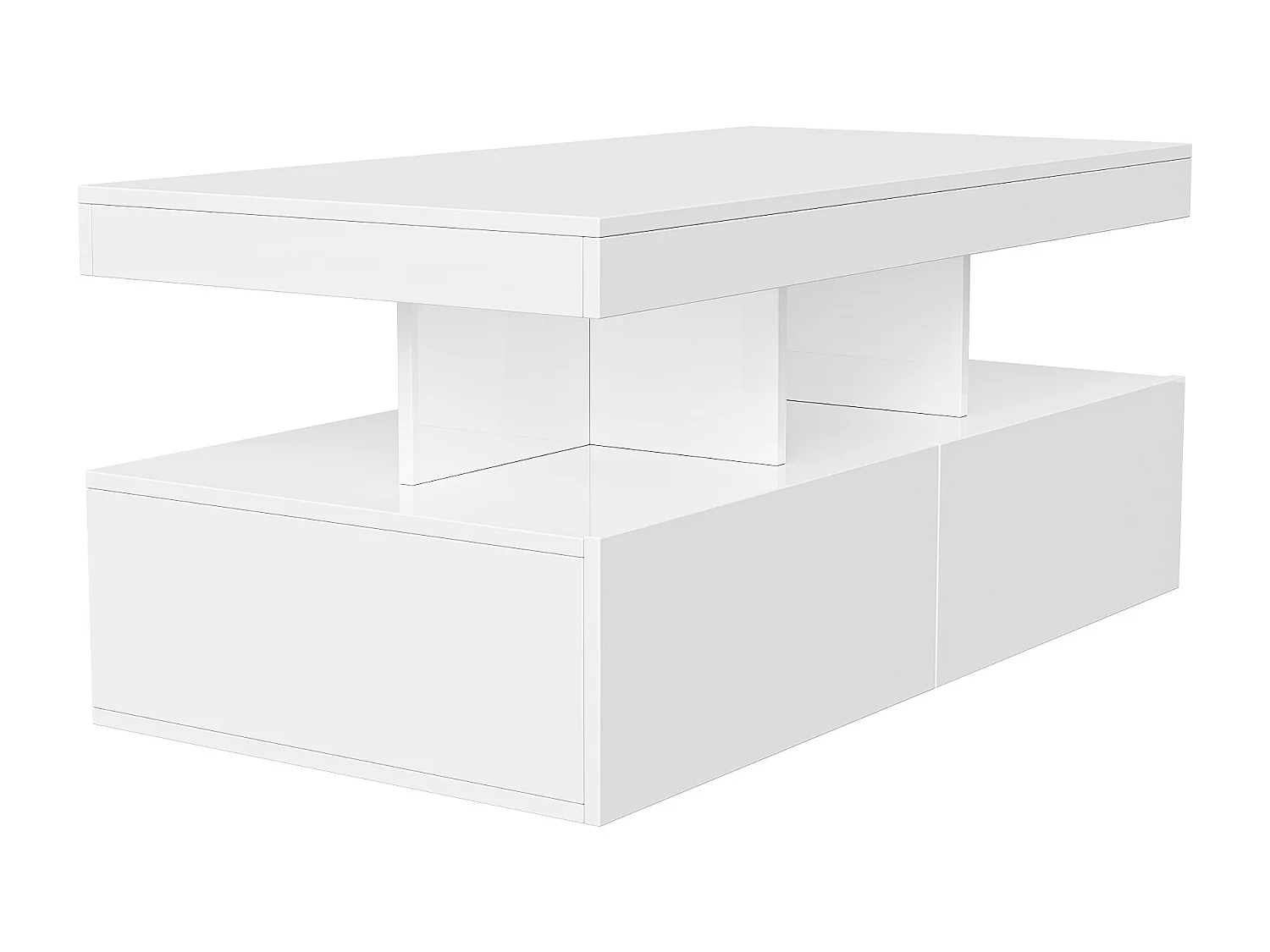 Table basse LED moderne, brillante, avec rangement, 2 tiroirs, 104x54x46 cm, Blanc