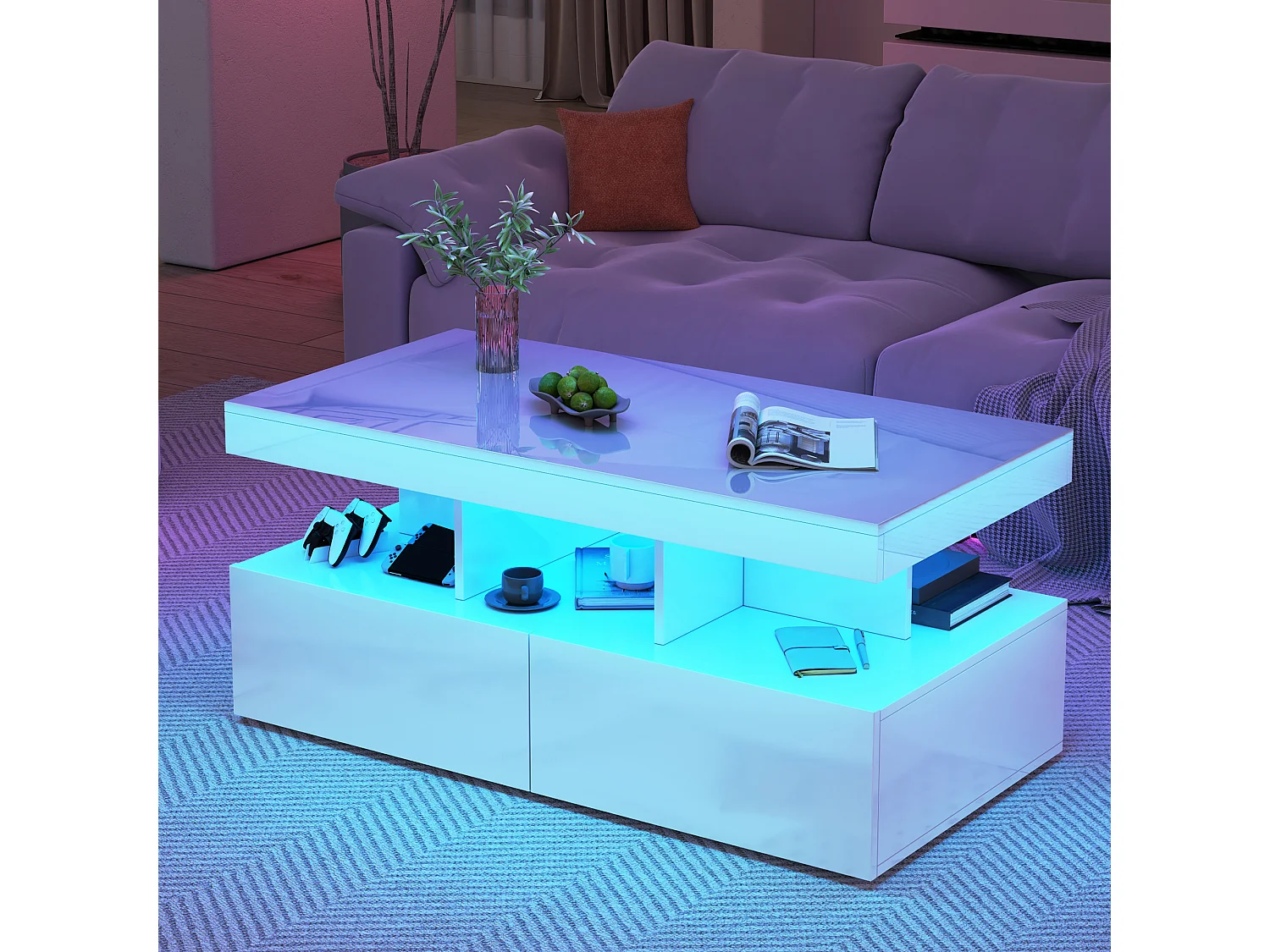 Table basse LED moderne, brillante, avec rangement, 2 tiroirs, 104x54x46 cm, Blanc