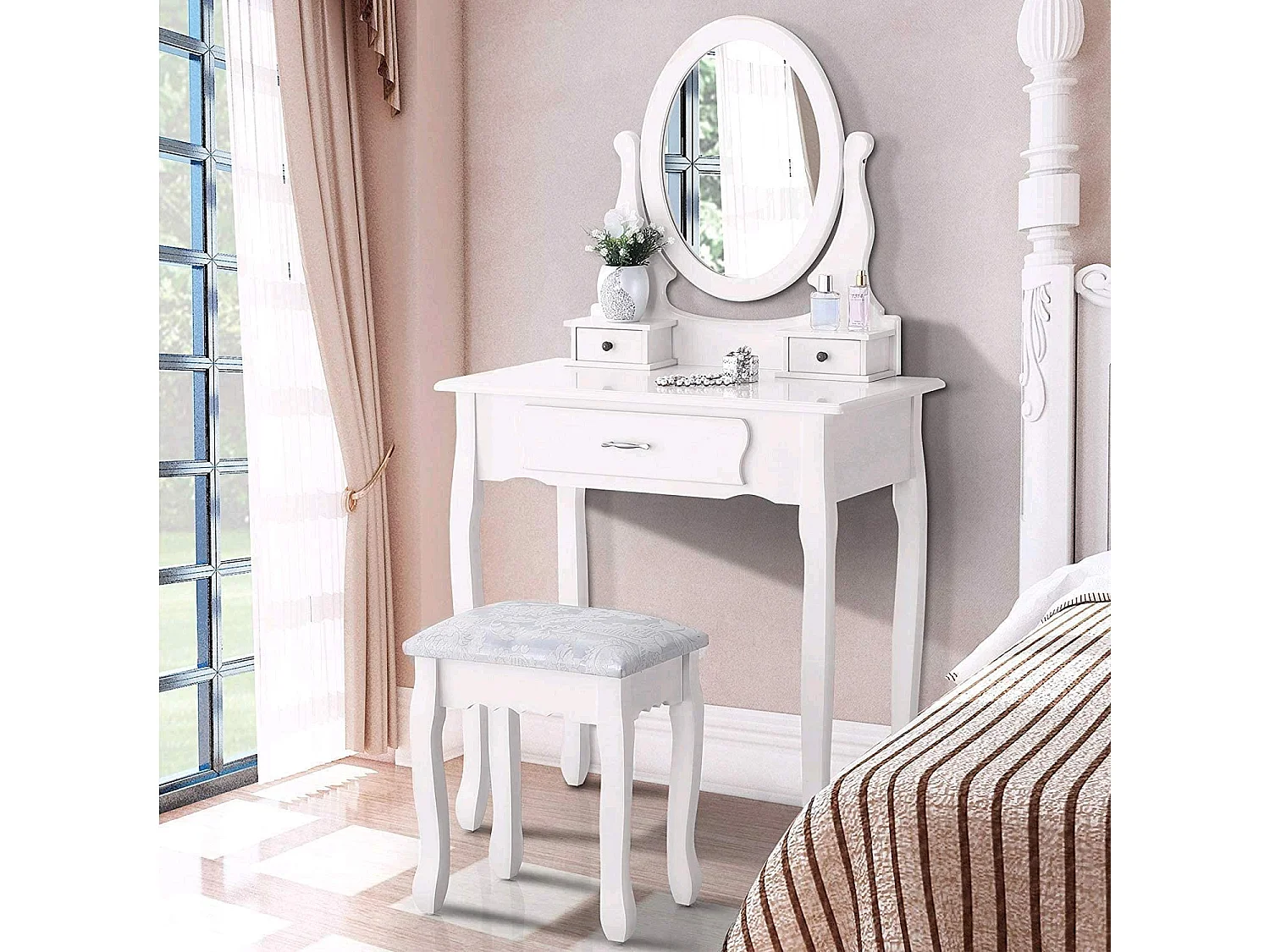 Coiffeuse, avec Tabouret, 1 miroirs, Miroir Pivotant et 3 tiroirs, Blanc