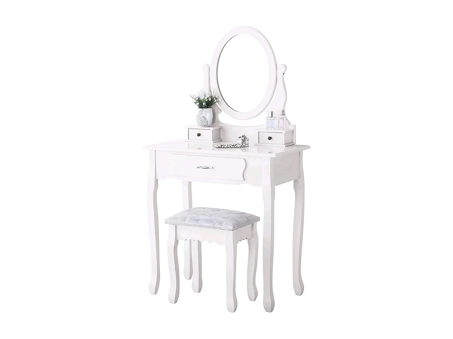 Coiffeuse, avec Tabouret, 1 miroirs, Miroir Pivotant et 3 tiroirs, Blanc