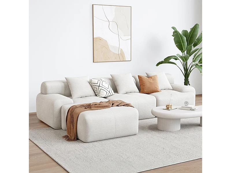 Canapé d'angle 5-6 places avec méridienne modulable en velours côtelé beige SHEFFIELD