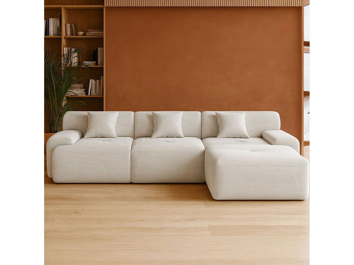 Canapé d'angle 5-6 places avec méridienne modulable en velours côtelé beige SHEFFIELD