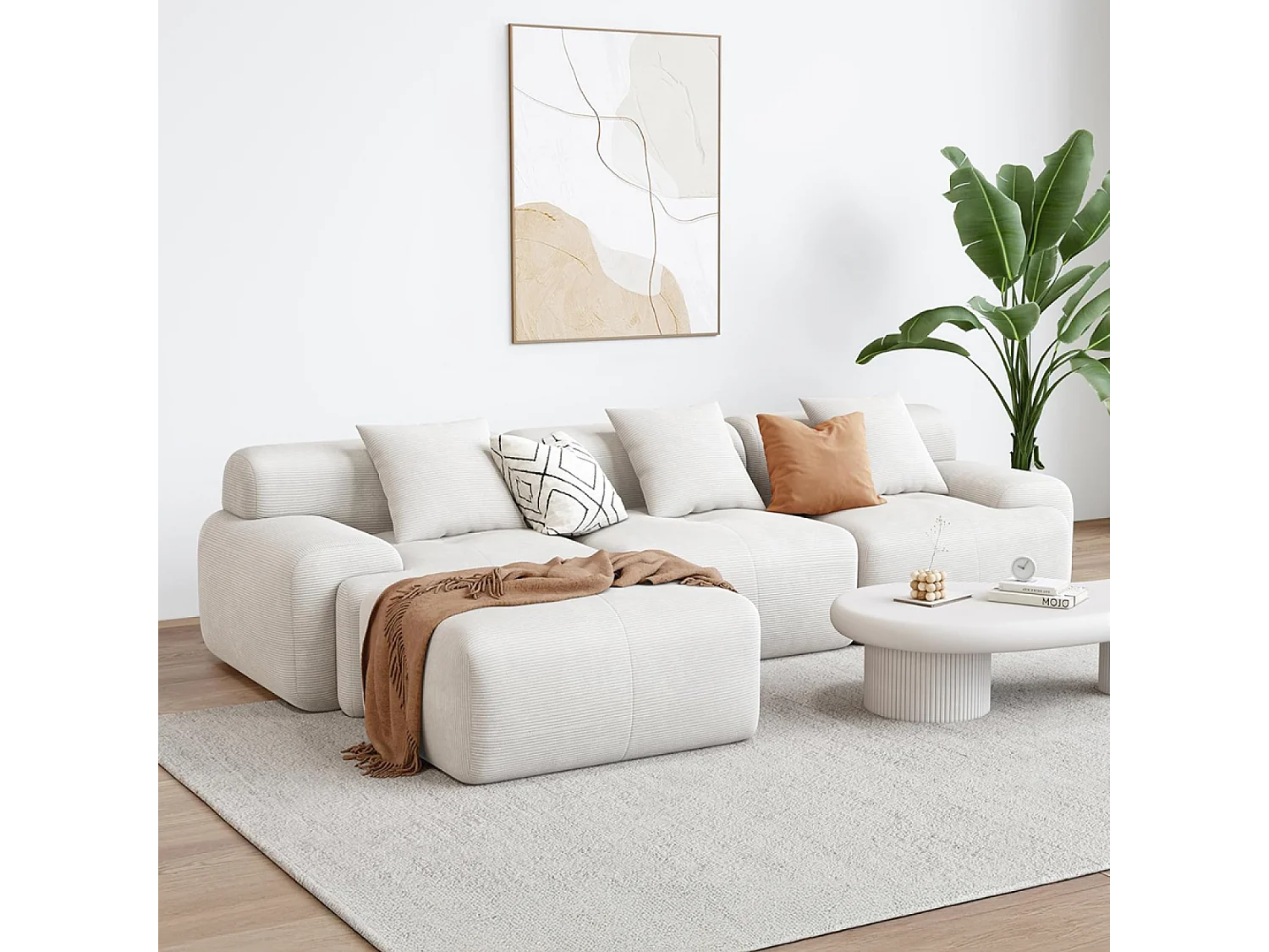 Canapé d'angle 5-6 places avec méridienne modulable en velours côtelé beige SHEFFIELD