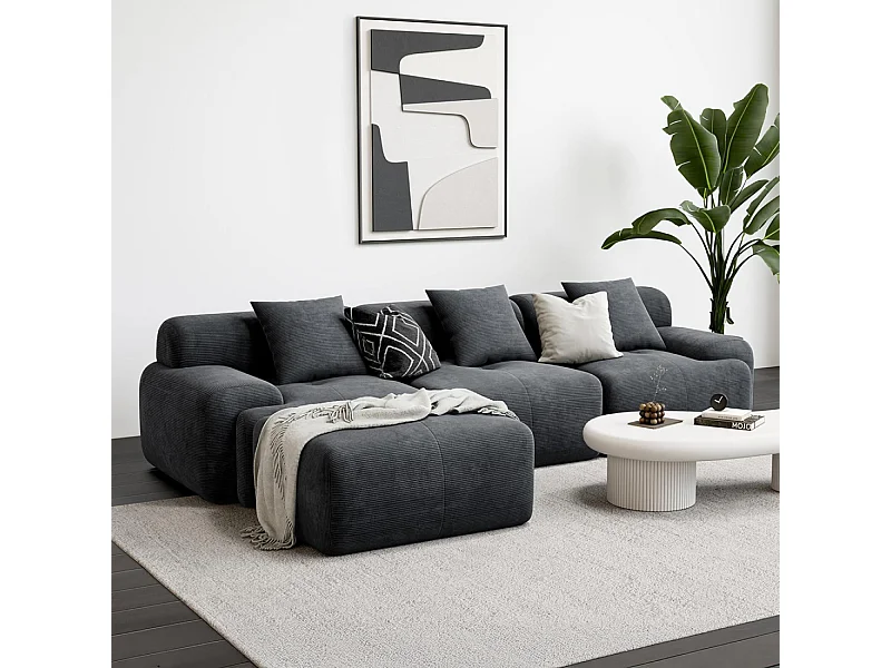 Canapé 3 places avec pouf en velours côtelé gris anthracite SHEFFIELD