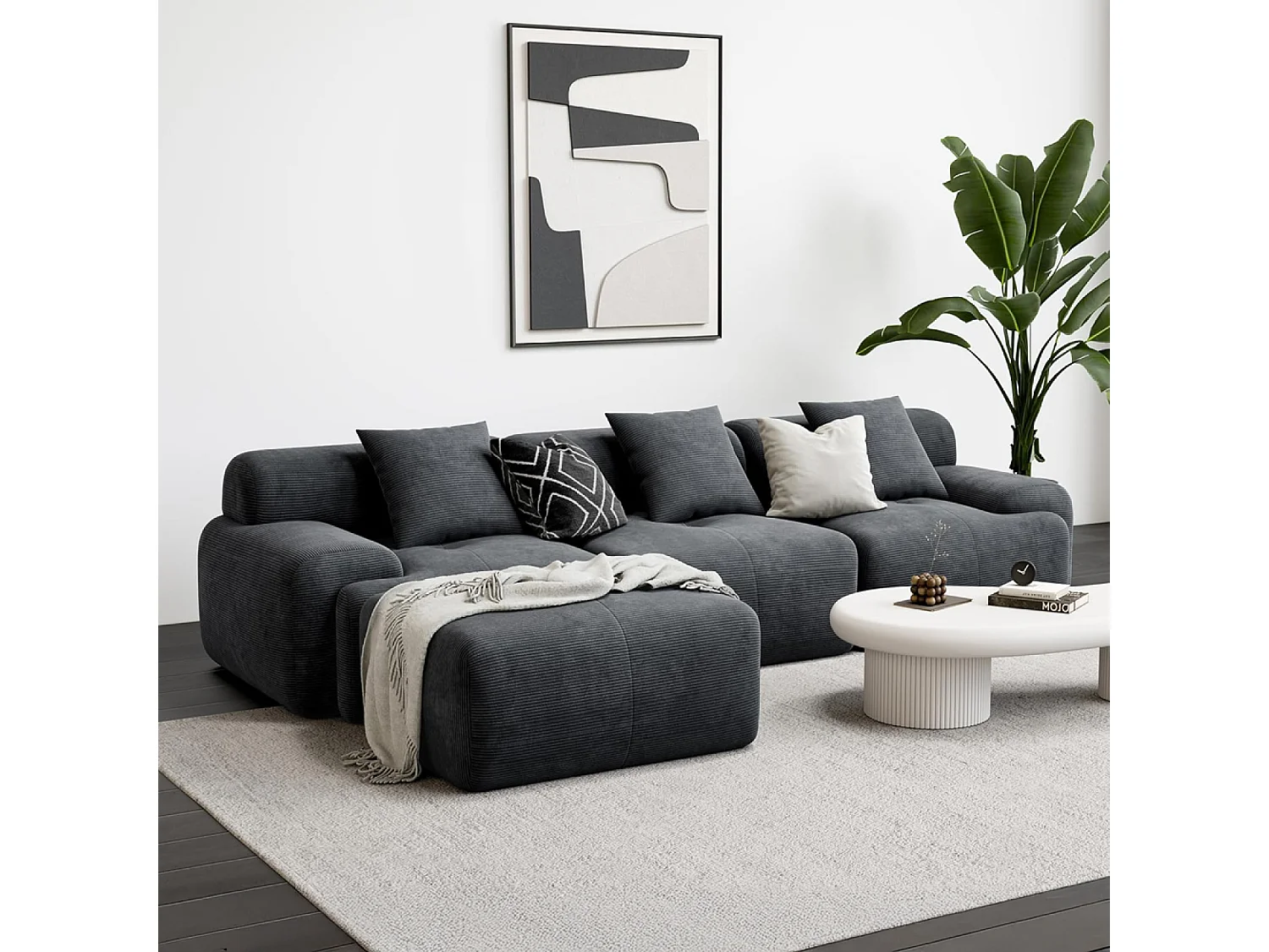 Canapé d'angle 5-6 places avec méridienne modulable en velours côtelé gris SHEFFIELD