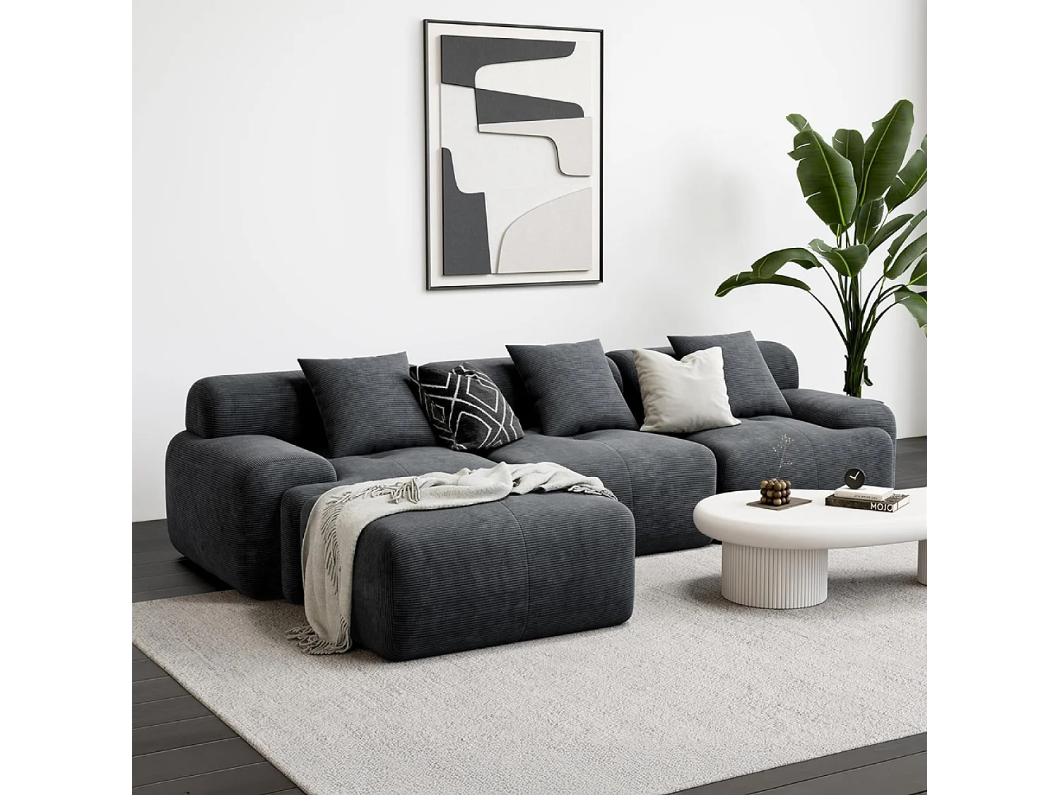 Canapé d'angle 5-6 places avec méridienne modulable en velours côtelé gris SHEFFIELD