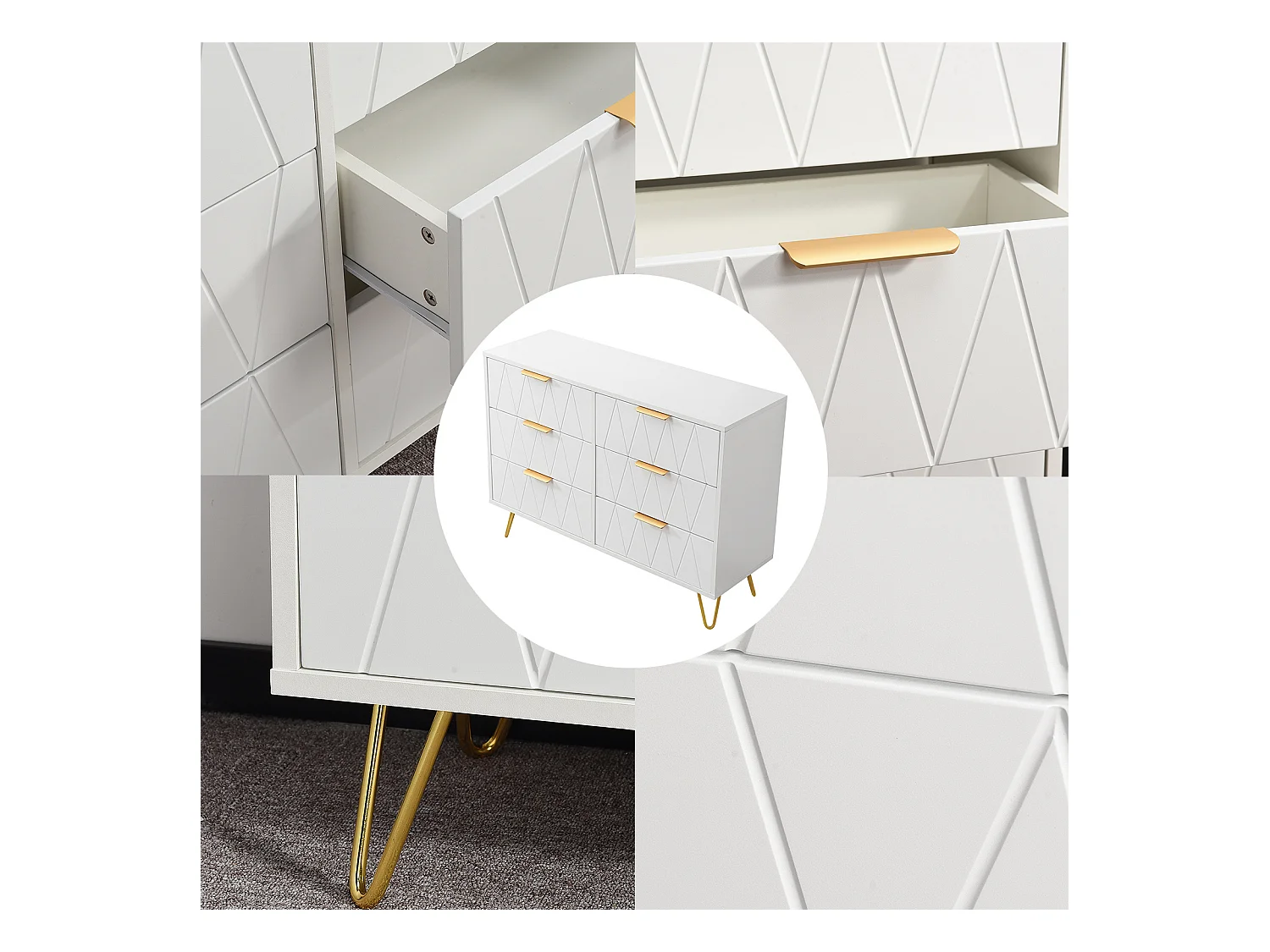 Commode à 6 tiroirs - En bois - Pour chambre à coucher, salon- 100 x 34 x 73 cm - Blanc