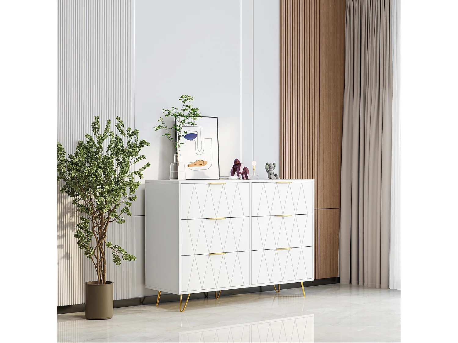 Commode à 6 tiroirs - En bois - Pour chambre à coucher, salon- 100 x 34 x 73 cm - Blanc