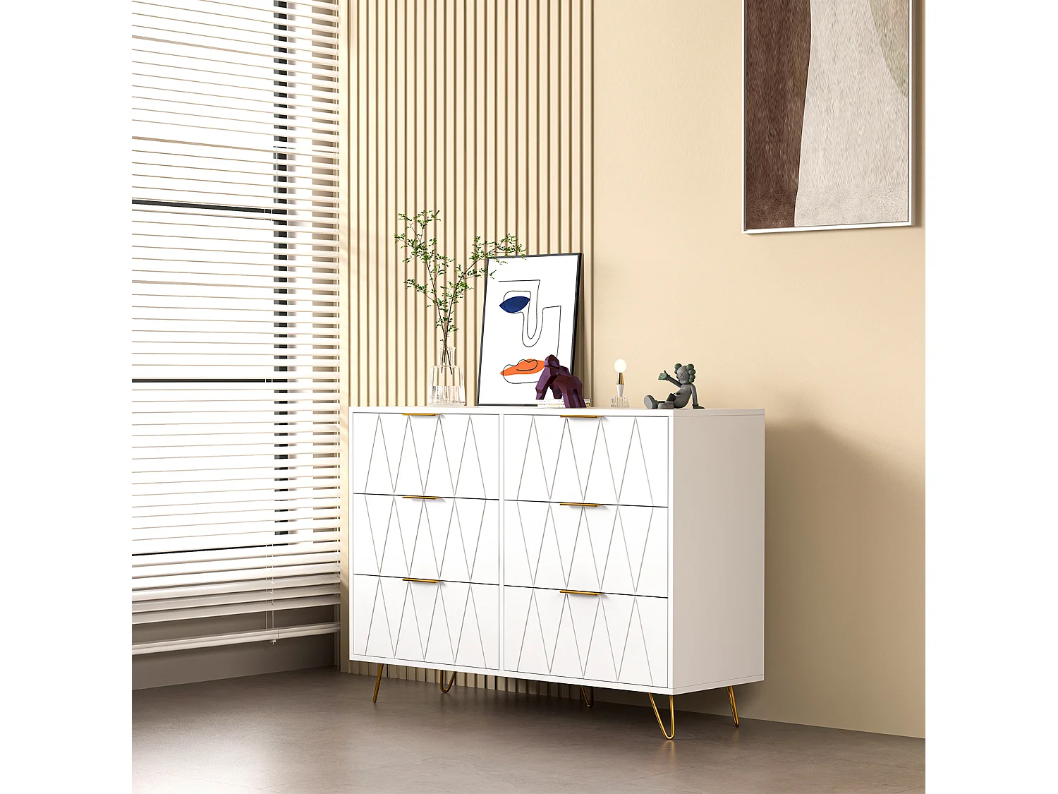 Commode à 6 tiroirs - En bois - Pour chambre à coucher, salon- 100 x 34 x 73 cm - Blanc