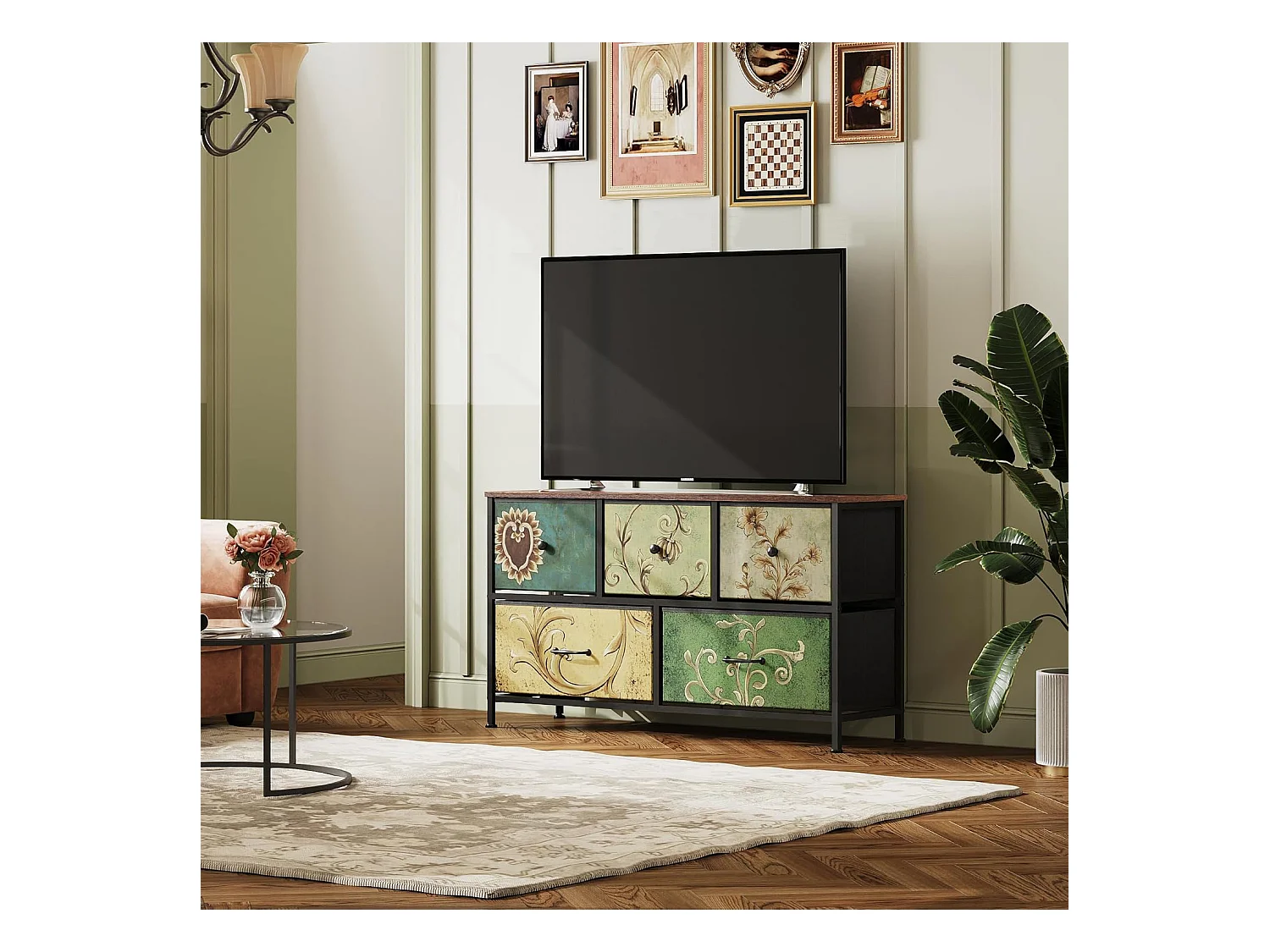 Commode en Tissu avec 5 Tiroirs, 100 x 30 x 55cm - Motif à Motif Rétro