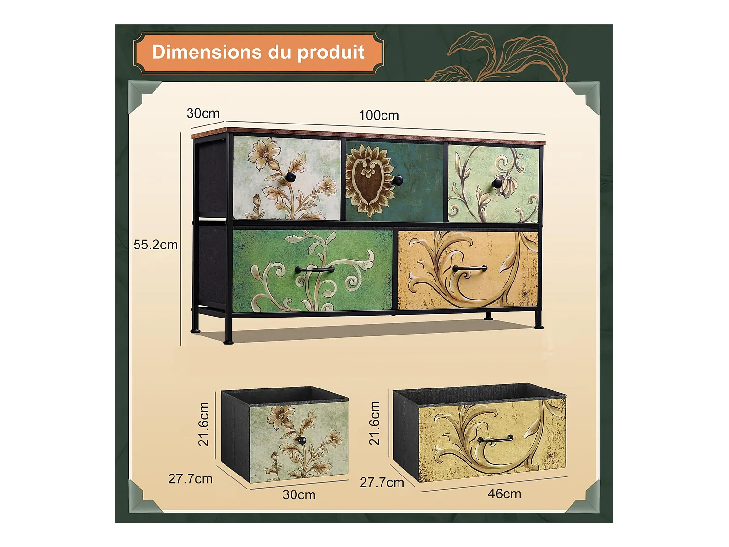 Commode en Tissu avec 5 Tiroirs, 100 x 30 x 55cm - Motif à Motif Rétro