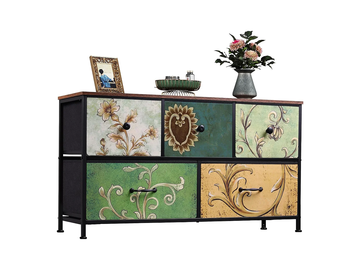 Commode en Tissu avec 5 Tiroirs, 100 x 30 x 55cm - Motif à Motif Rétro