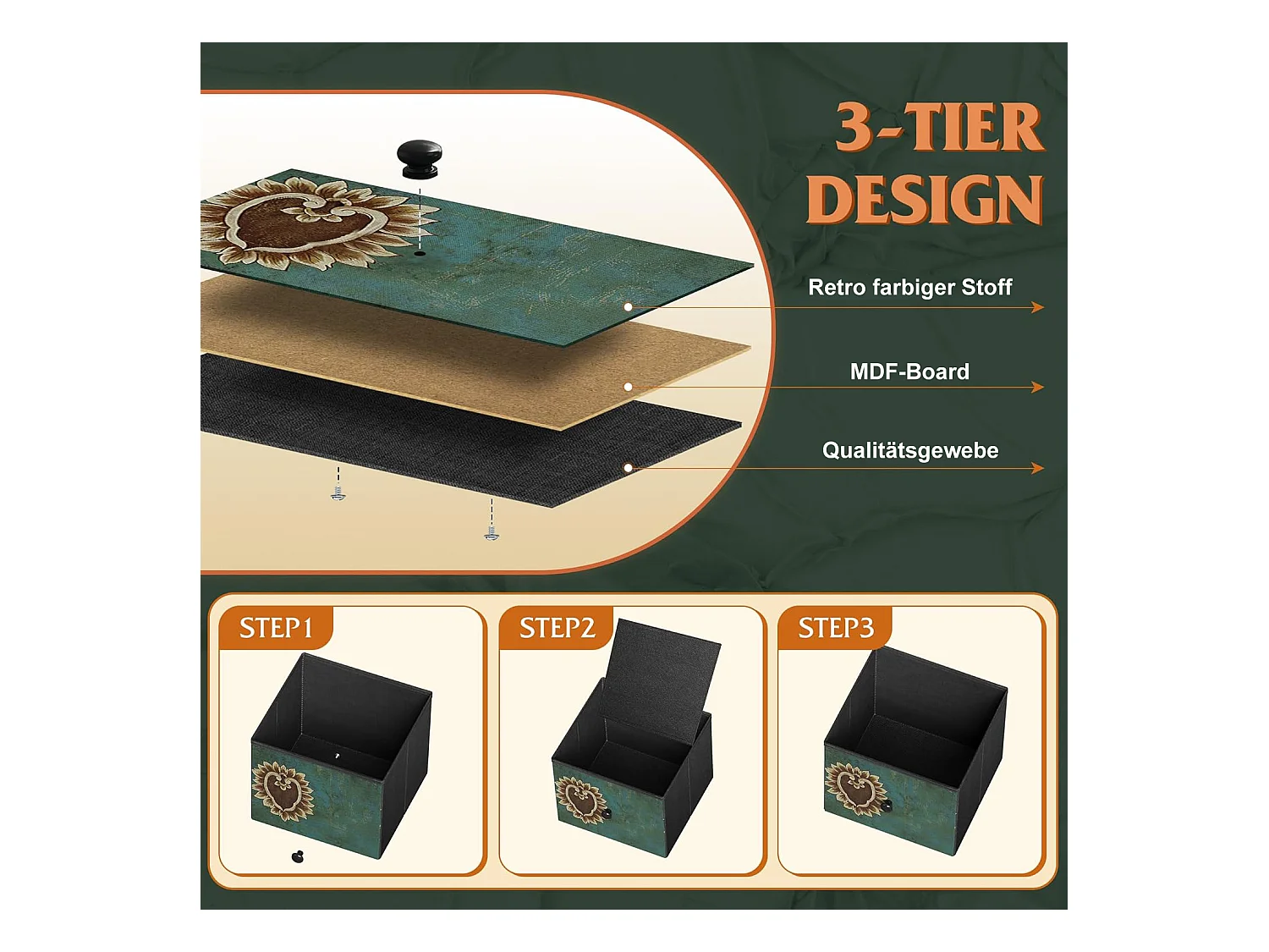 Commode en Tissu avec 5 Tiroirs, 100 x 30 x 55cm - Motif à Motif Rétro