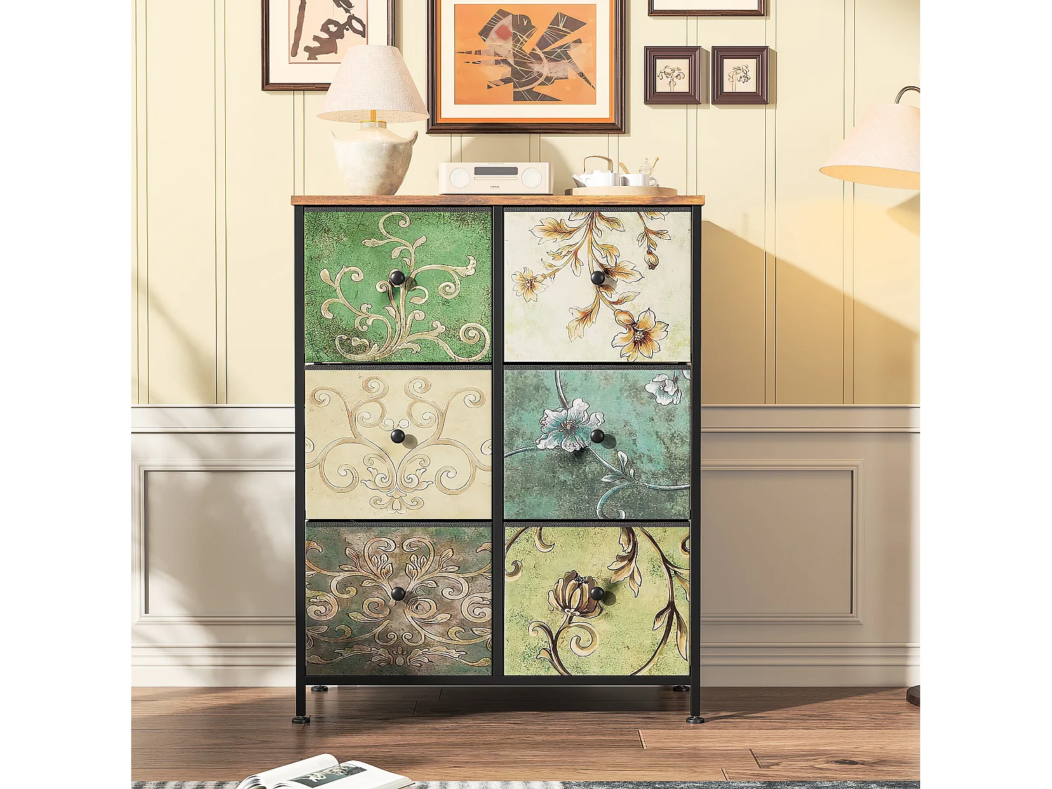 Commode en Tissu avec 6 Tiroirs, 67.5 x 30 x 86.5cm - Motif à Motif Rétro