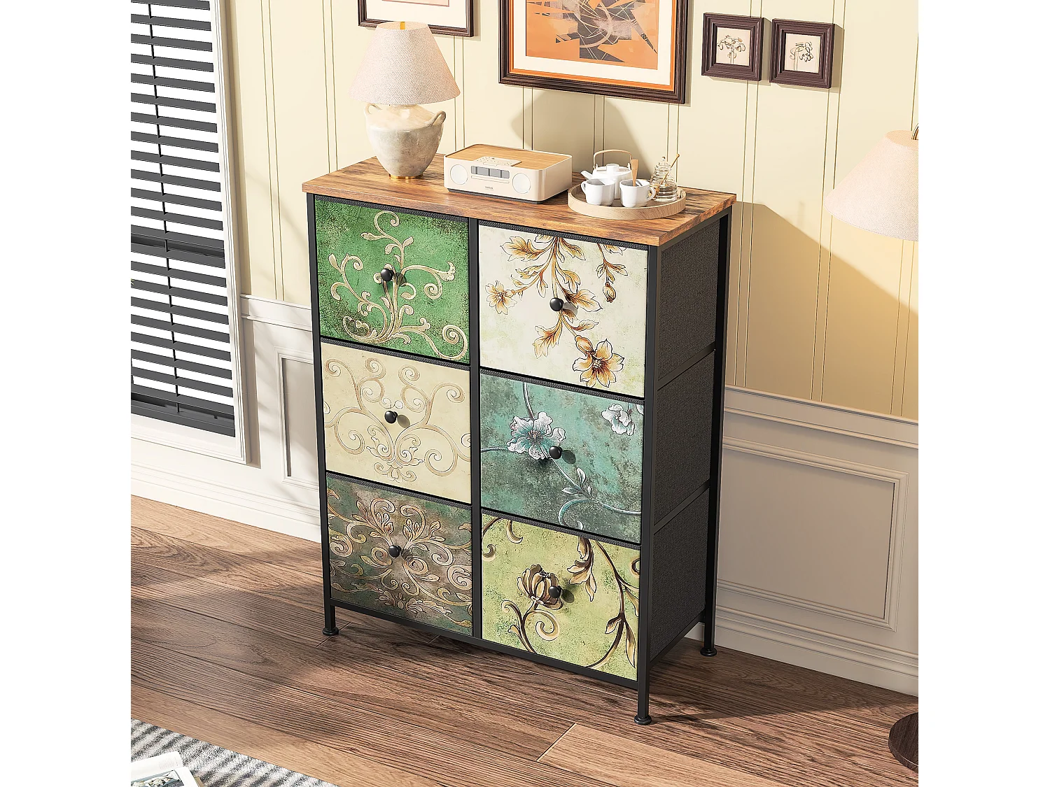 Commode en Tissu avec 6 Tiroirs, 67.5 x 30 x 86.5cm - Motif à Motif Rétro