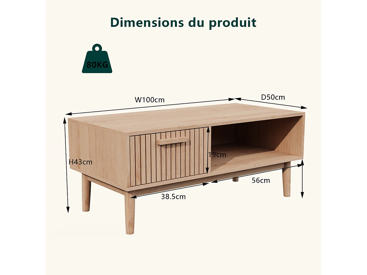 Salontafel - Woonkamer, Eetkamer, L110 x B50 x H43cm