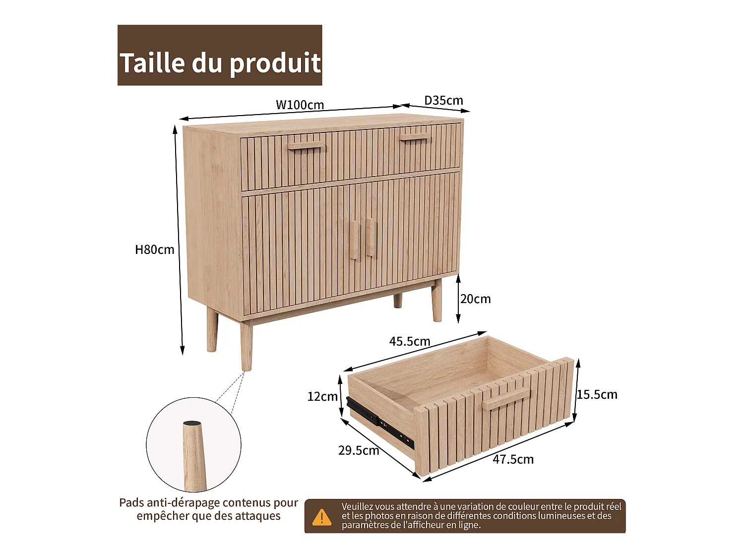 Buffet Meuble de Rangement Armoire pour Salon, Cuisine avec 2 Portes en 2 tiroirs 100 x 35 x 80 cm