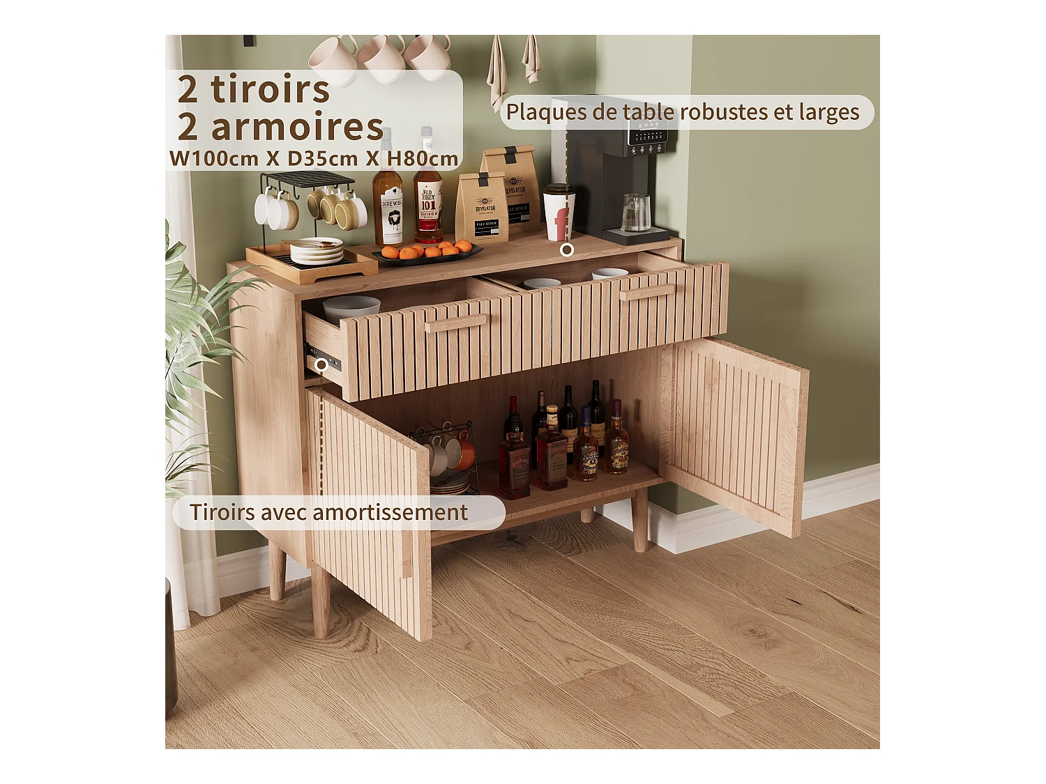 Buffet Meuble de Rangement Armoire pour Salon, Cuisine avec 2 Portes en 2 tiroirs 100 x 35 x 80 cm