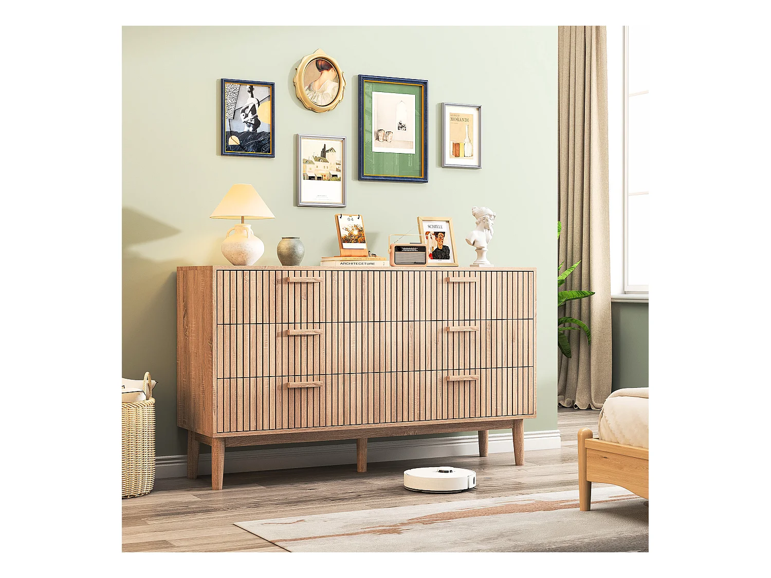 Commode 6 tiroirs 115 cm Couleur bois naturel, 100 x 34 x 73cm