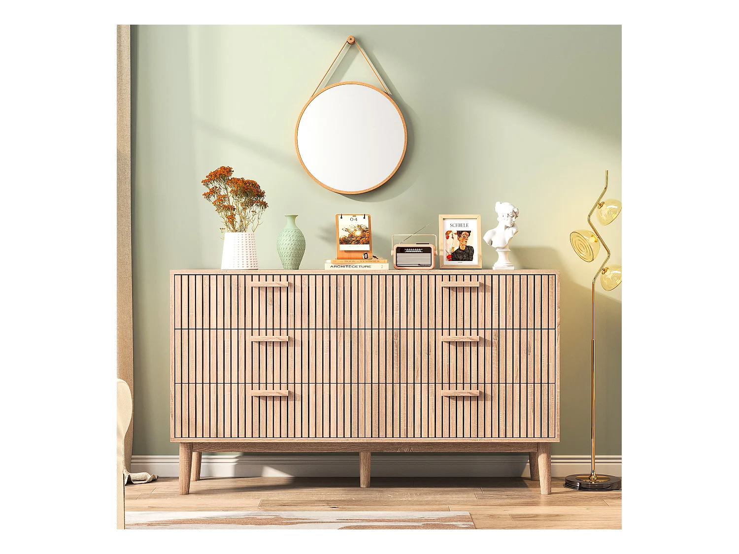 Commode 6 tiroirs 115 cm Couleur bois naturel, 100 x 34 x 73cm