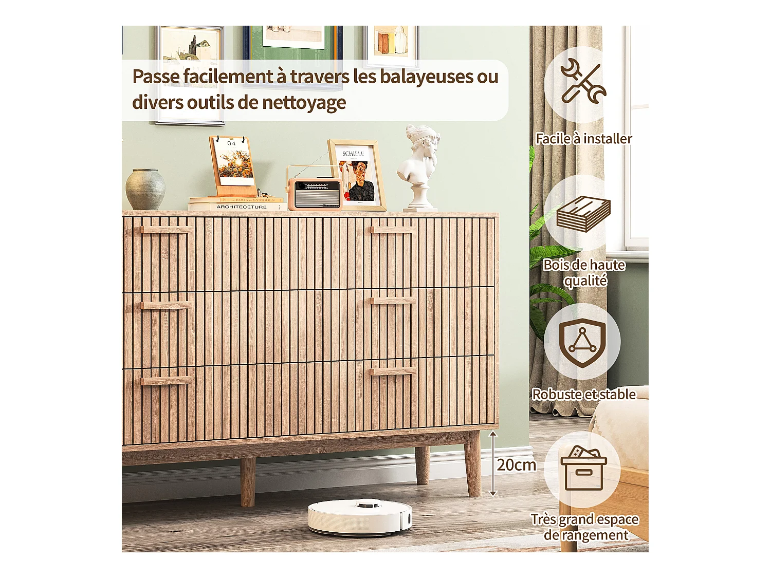 Commode 6 tiroirs 115 cm Couleur bois naturel, 100 x 34 x 73cm