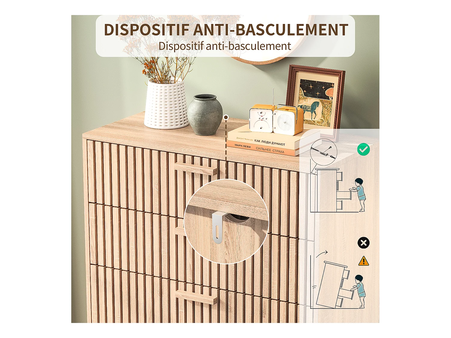 Commode 6 tiroirs 115 cm Couleur bois naturel, 100 x 34 x 73cm