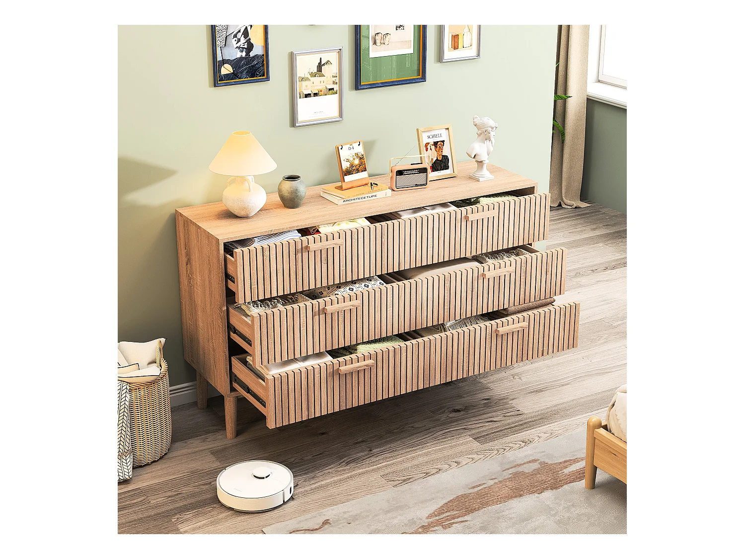 Commode 6 tiroirs 115 cm Couleur bois naturel, 100 x 34 x 73cm