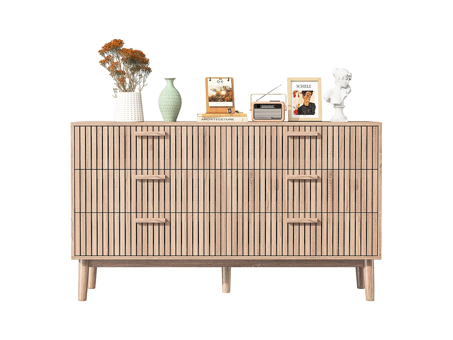 Commode 6 tiroirs 115 cm Couleur bois naturel, 100 x 34 x 73cm