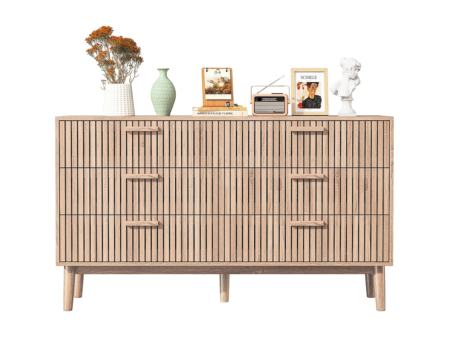 Commode 6 tiroirs 115 cm Couleur bois naturel, 100 x 34 x 73cm