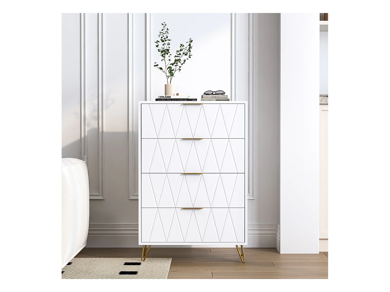 Commode à 4 tiroirs, grande commode de rangement avec pieds en métal - Diamant blanc