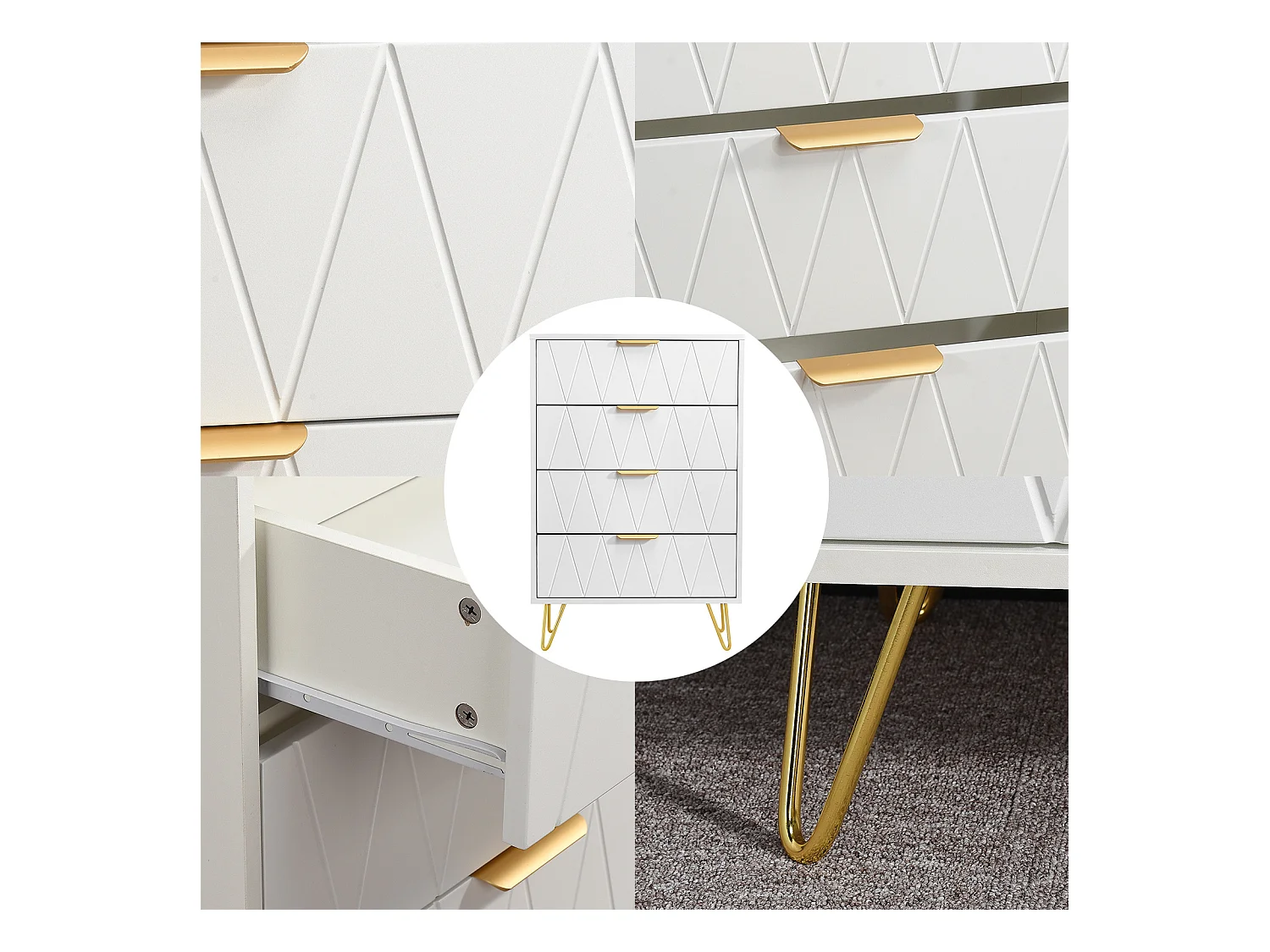 Commode à 4 tiroirs, grande commode de rangement avec pieds en métal - Diamant blanc