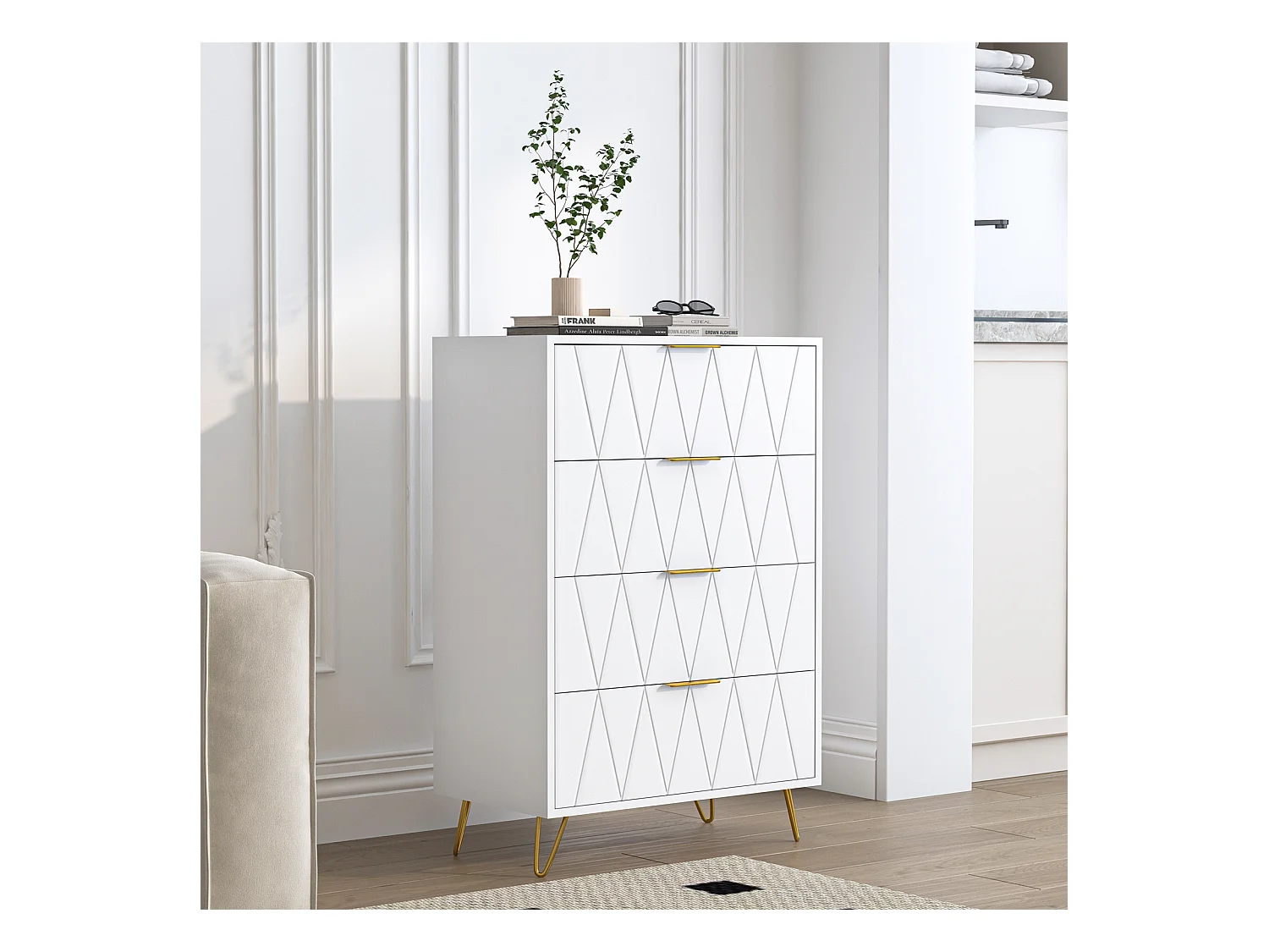 Commode à 4 tiroirs, grande commode de rangement avec pieds en métal - Diamant blanc