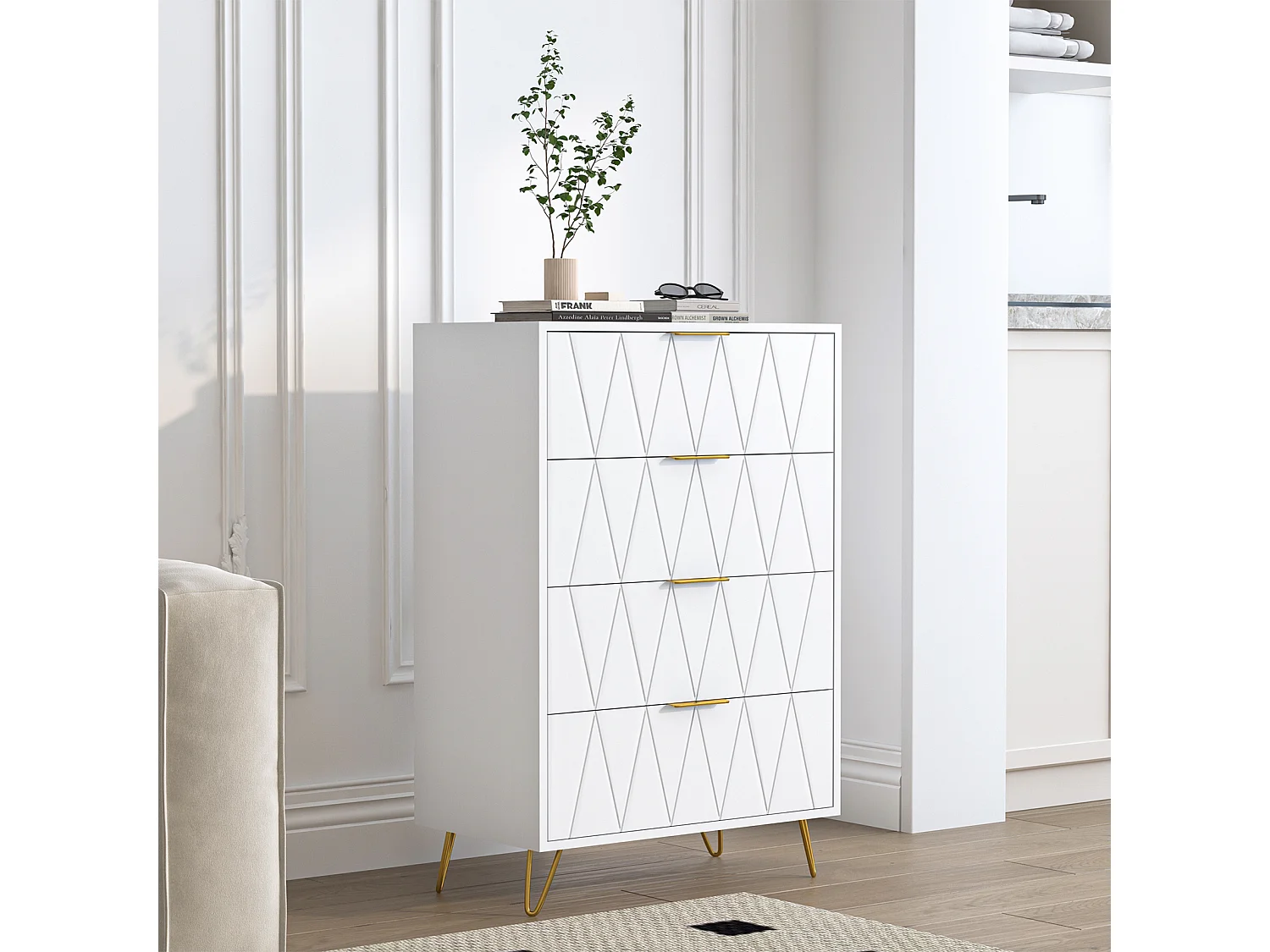 Commode à 4 tiroirs, grande commode de rangement avec pieds en métal - Diamant blanc