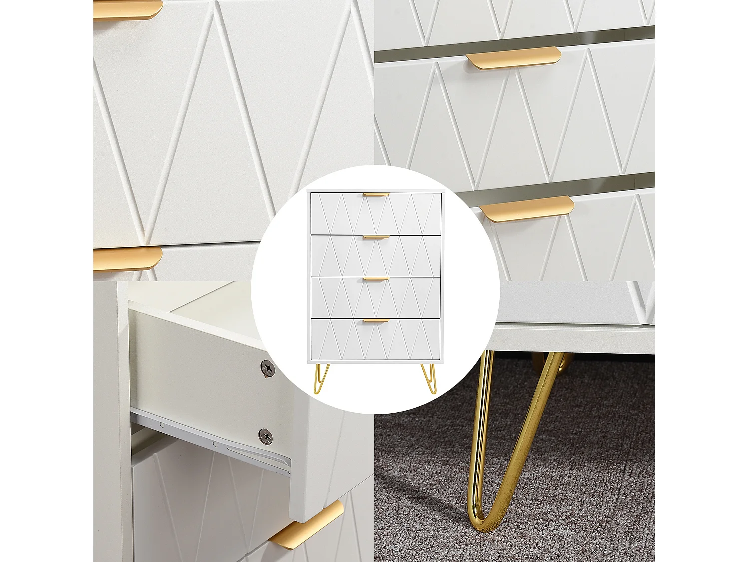 Commode à 4 tiroirs, grande commode de rangement avec pieds en métal - Diamant blanc