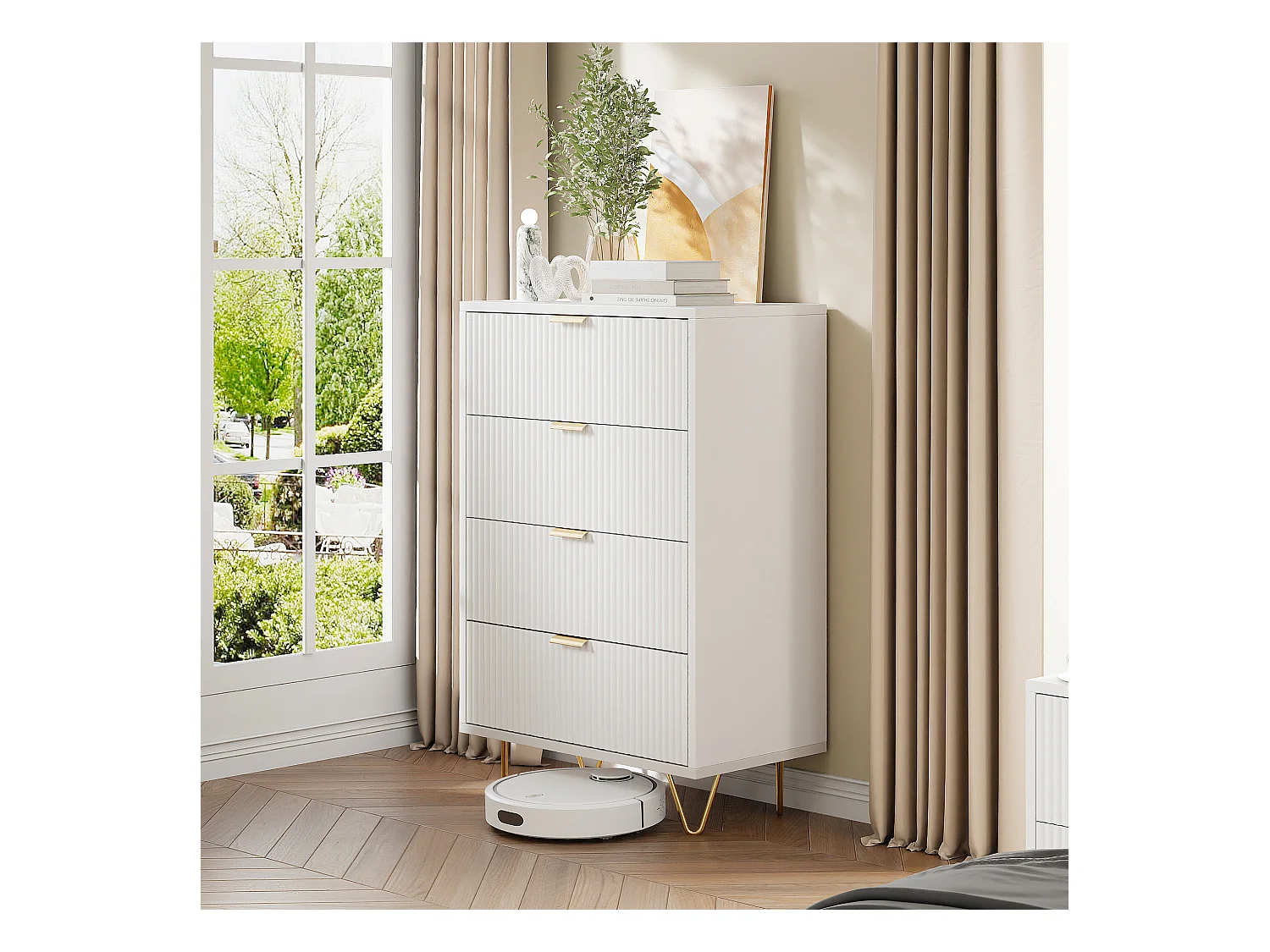 Commode 4 Tiroirs, Meuble de Rangement Bois, Manche et Pieds Couleurs Dorées, 60 x 34 x 91 cm