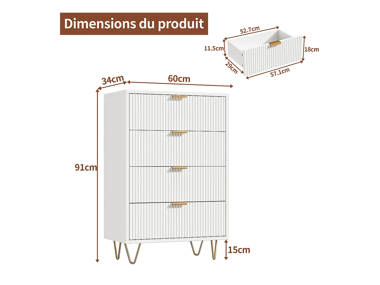 Commode 4 Tiroirs, Meuble de Rangement Bois, Manche et Pieds Couleurs Dorées, 60 x 34 x 91 cm