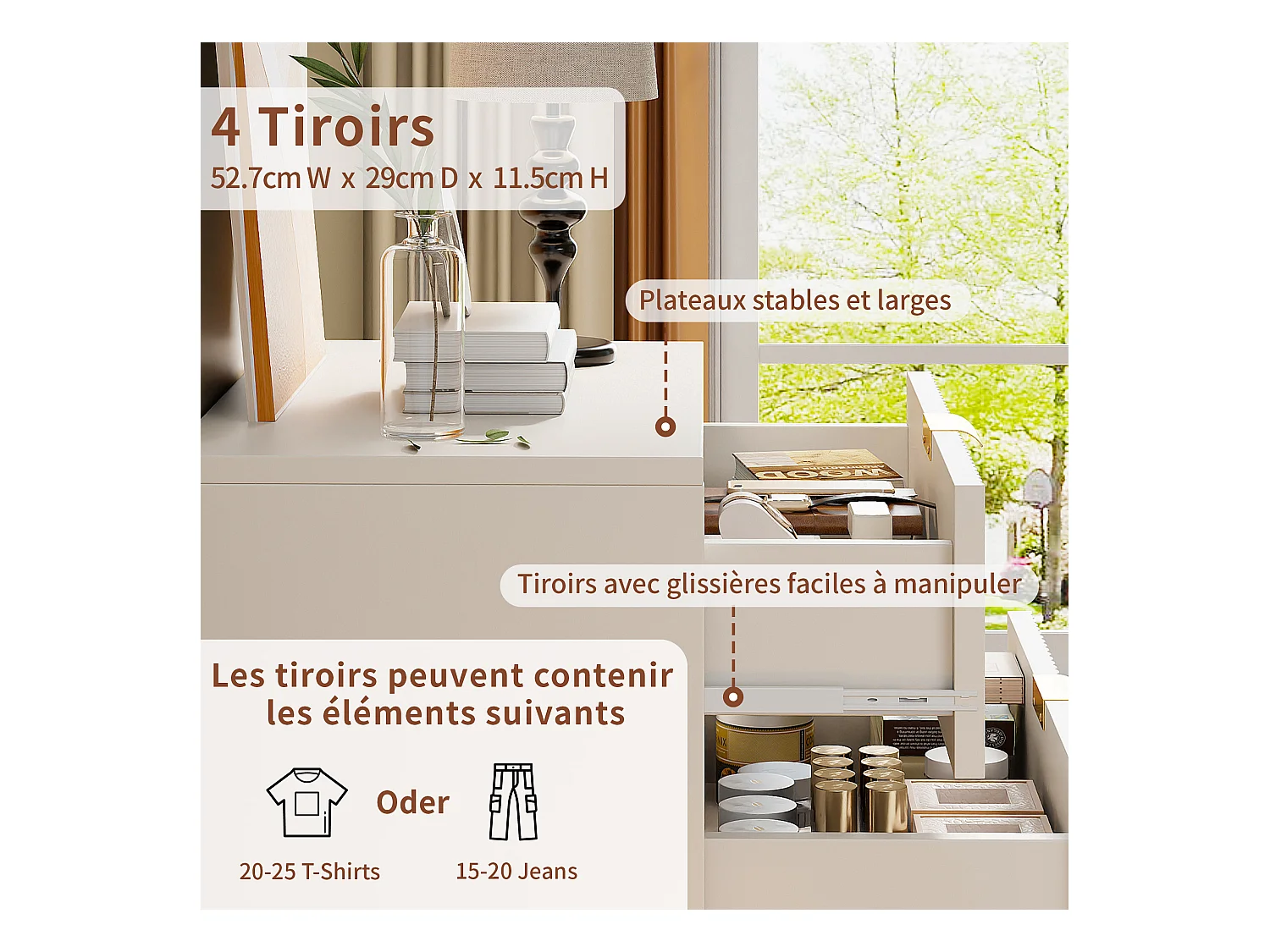 Commode 4 Tiroirs, Meuble de Rangement Bois, Manche et Pieds Couleurs Dorées, 60 x 34 x 91 cm