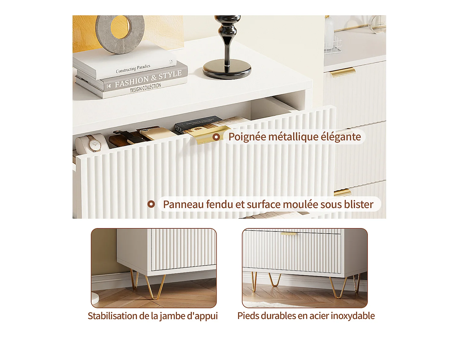 Commode 4 Tiroirs, Meuble de Rangement Bois, Manche et Pieds Couleurs Dorées, 60 x 34 x 91 cm