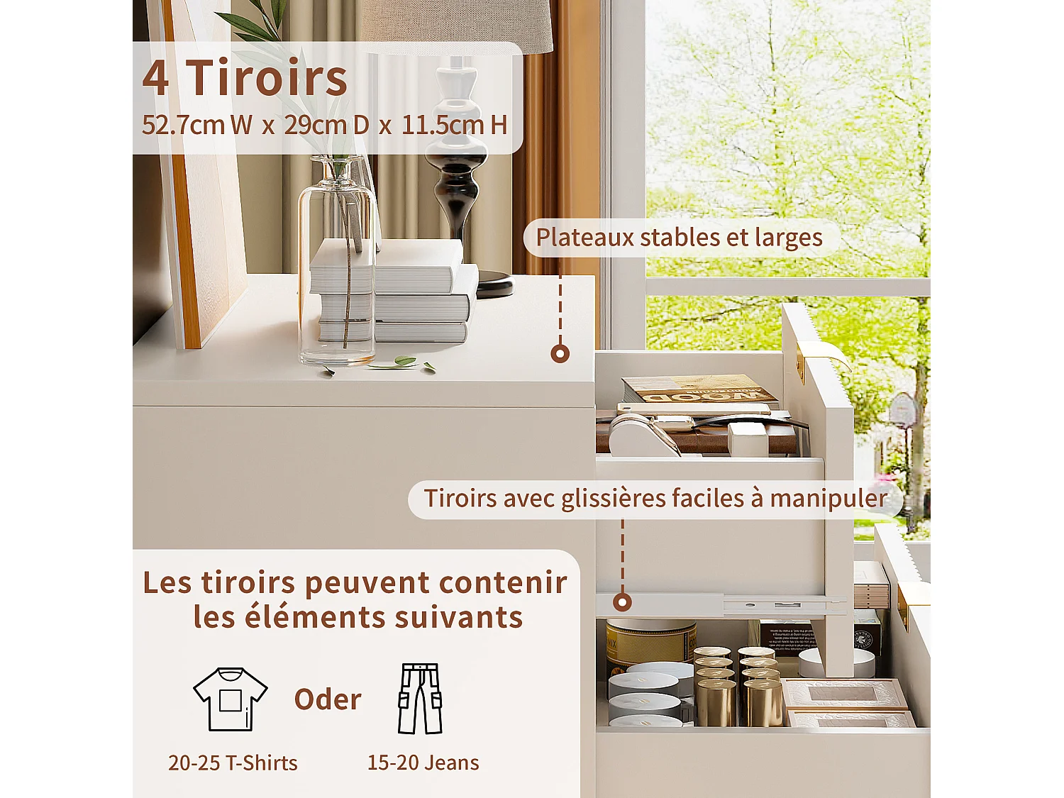 Commode 4 Tiroirs, Meuble de Rangement Bois, Manche et Pieds Couleurs Dorées, 60 x 34 x 91 cm