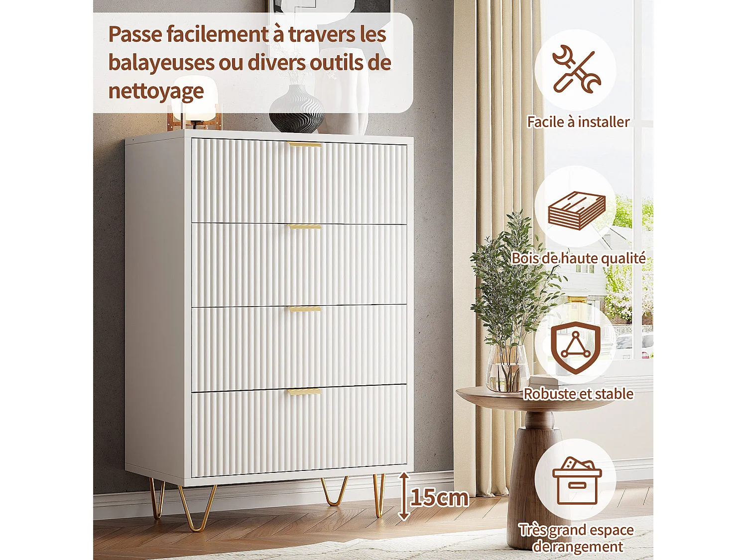 Commode 4 Tiroirs, Meuble de Rangement Bois, Manche et Pieds Couleurs Dorées, 60 x 34 x 91 cm